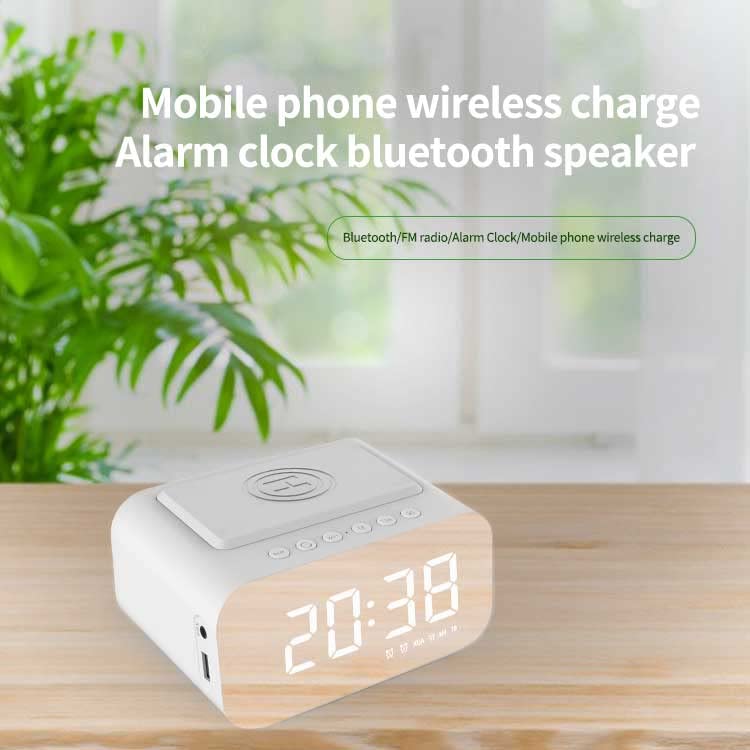 Multifunctional Wireless Charging Station with Bluetooth Speaker,Digital Alarm Clock,FM Radio,HD Display & Smart Noise-Cancelling Mic–Adjustable Brightness,Charge While Listening,BT510 White.