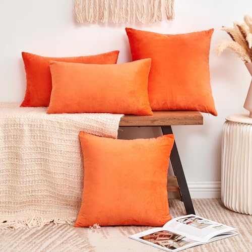 Fall Orange Throw Pillow Covers Decorative Velvet Set of 2 18x18 Inch Pillow Covers, Soft Burnt Orange Pillowcases for Couch Sofa Bed Living Room, Farmhouse Boho Decor, Accent Cushion Covers
