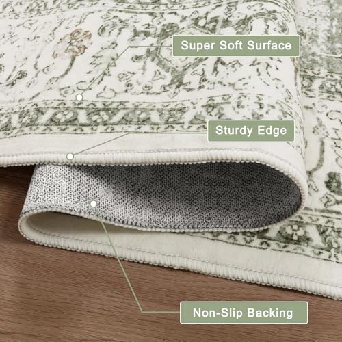 LIVEBOX Washable Runner 2x6 - Vintage Tribal Kitchen Rug, Long Entryway, Low-Pile for Bedroom, Non-Skid Soft Carpet Throw for Bathroom Laundry Room Hallway Sage