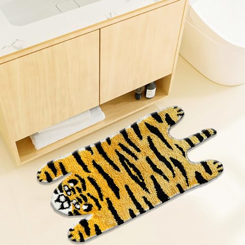 UKELER Kids Bathroom Rugs, Cute Tiger Shaped Nursery Rug Cartoon Bath Rug Non Slip Funny Accent Bedroom Rugs Absorbent Shag Bath Mats for Bathroom, Kids Room, Bathtub, Sink, Entry Way 35''×20''