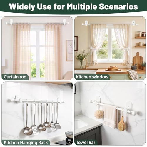 USFOOK Curtain Rods No Drilling 32 to 58 Inches, 5/8 Inch No Drill Curtain Rods for Windows with 3M Adhesive Brackets, Renter Friendly Drapery Pole with White Round Finials
