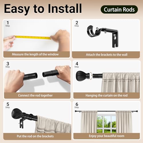 Curtain Rods for Windows 20.77 to 92.85 Inches, 1" Diameter Adjustable Black Curtain Rod, Window Treatment Rods with Round Finials, Easy Mount Hardware Included (46.77-96.85 Inches)