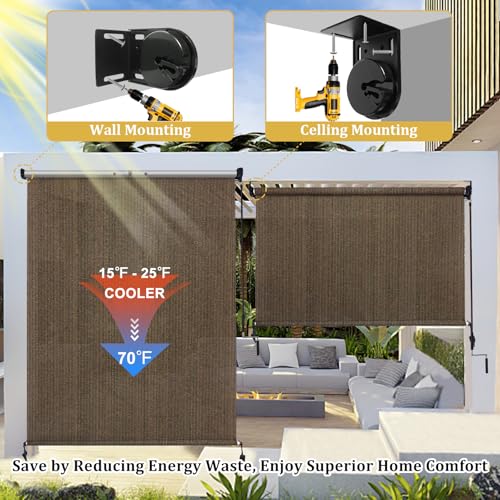 Shade&Beyond Outdoor Roller Shades with Splicing Design, 8' W x 8' H Cordless Patio Roll Up Blinds, Exterior Shade Cloth Roll for Porch, Gazebo, Pergola, Balcony, Mocha