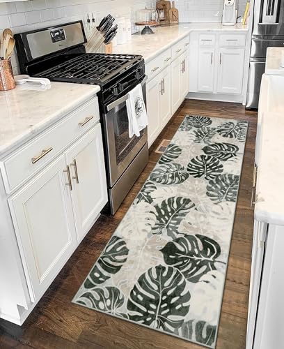 Wonnitar 2x6 Bathroom Rug Runner, Washable Leaf Runner Rugs for Hallway, Non-Slip Tropical Plant Long Carpet Monstera Low Pile Accent Mats for Bedside Kitchen Entrance Closet, Dark Jungle Green