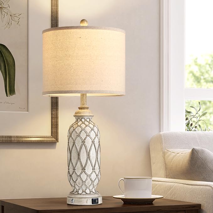 Farmhouse Table Lamps for Bedroom Set of 2, 28" Rustic Bedside Lamp with USB Ports, 3-Way Dimmable Nightstand Table Lamp for Living