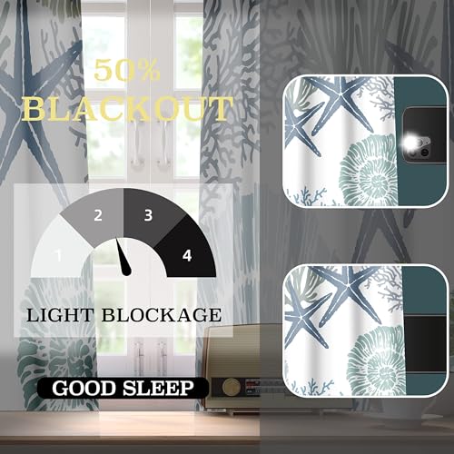 Tritard Coastal Window Curtains Grommet Drapes Nautical Beach Themed Thermal Insulating 50% Light Blocking Privacy Curtain for Living Room, Bedroom 2 Panels Set, 52x84 Inches