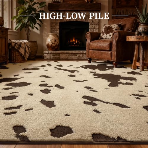 Cowhide Entryway Rugs 3x5 Ft, Washable Plush Soft Brown and Cream Cow Rug, Non-Slip High-Low Pile Animal Small Area Carpet for Bedside, Living Room, Door Entrance, Home Decor