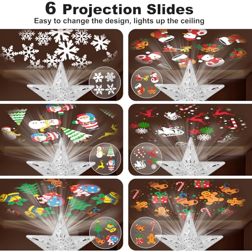 Christmas Tree Toppers Lighted with 6 Projection Modes, Christmas Star Tree Topper with Built-in LED Rotating Lights, Silver 3D Glitter Projection for Xmas Party Holiday Decorations
