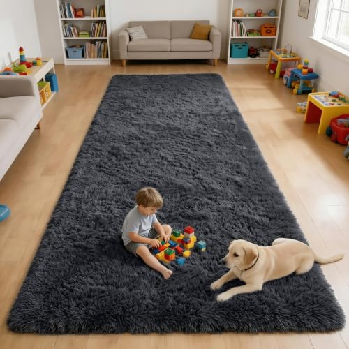 OLANLY 4x8 Area Rugs for Living Room Bedroom, Machine Washable Soft Fluffy Shaggy Bedside Rug, Indoor Floor Carpet for Kids Girls and Boys, Dorms, Nursery Rooms, Home Decor Aesthetic, Black
