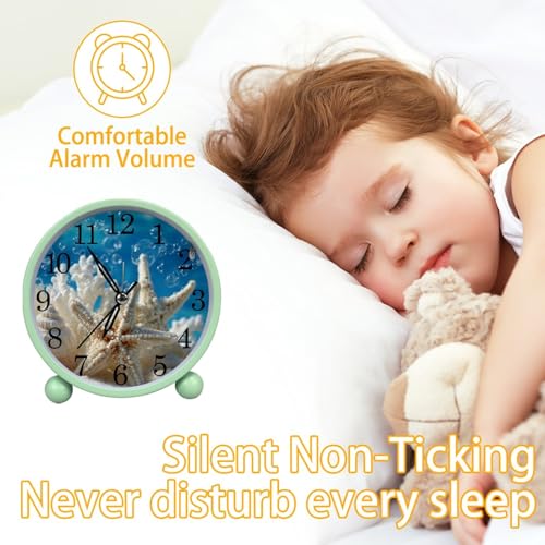 Underwater Ocean Coral and Starfish Silent Analog Alarm Clock with Light, Easy to Set Gentle Wake Bedside Table Clock, Battery-Operated, Suitable for Home, Dorm, Office Desk, (Green, 4.3 Inch)