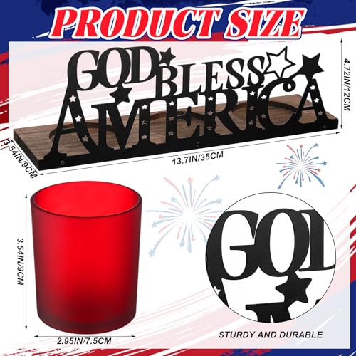 250 Anniversary Decorations with 3 Glass Votive 1 Wooden Tray God Bless America Decor Patriotic Red Blue White Table Decorations 4th of July Rustic Decor for Memorial Independence Day