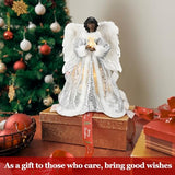 12.2'' Black Angel Christmas Tree Topper with Lights Standing African American Christmas Decorations Black Angel Figurines Treetop for Xmas Home Decor Winter Holiday(White,Cute Style)