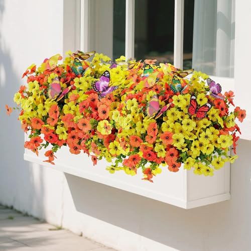 20 Bundles Artificial Flowers for Outdoors‌ and 6 Faux Butterflies | UV Resistant and No Fade, Maintenance-Free, ‌‌Fake Flowers for Garden Patio Porch Home Gifts Festivals Decor, Orange Yellow