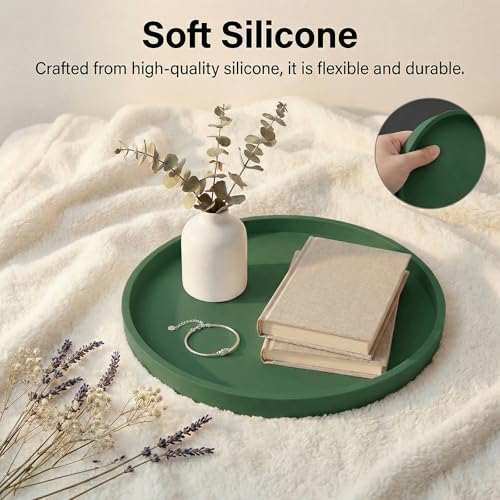 Round Green Silicone Decorative Bathroom Vanity Tray 9 Inch, Counter Tray for Bathroom Countertop Perfume Holder Dresser Organizer Coffee Table Candle, Non-Slip Durable for Home Use