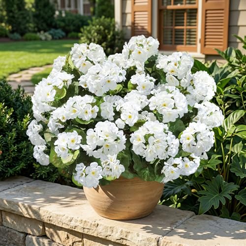 Fake Geraniums Artificial Flowers for Outdoors Outside, 6 Bundles White Silk Geraniums Fake Flowers Plants Realistic UV Resistant Faux Flowers for Outdoor Planters Garden Balcony Yard Porch Indoor