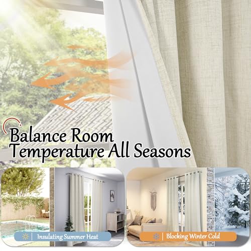 Lajode Blackout Curtains for Bedroom - Linen Black Out Curtains 84 Inch Long Thermal Insulated Burlap Grommet Window Drapes for Farmhouse Living Room Darkening, 2 Panels, Each 52" Wide, Natural Cream