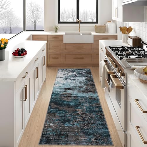 GarveeHome Washable Area Rugs 2x6 Non-Slip Abstract Runner Rugs, Ultra-Soft Low Pile Floor Cover, Stain Resistant Contemporary Indoor Floor Carpet for Hallway, Bedroom, Laundry, Blue Green