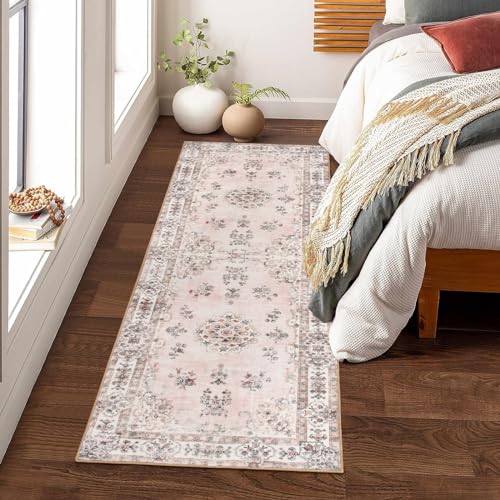 Lahome Washable 2x6 Kitchen Runner Rugs, Retro Distressed Pink Floral Print Runner for Hallway Bathroom Entryway, Low Pile Non-Slip Water Repellent Stain Resistant Mat for Floor Protection