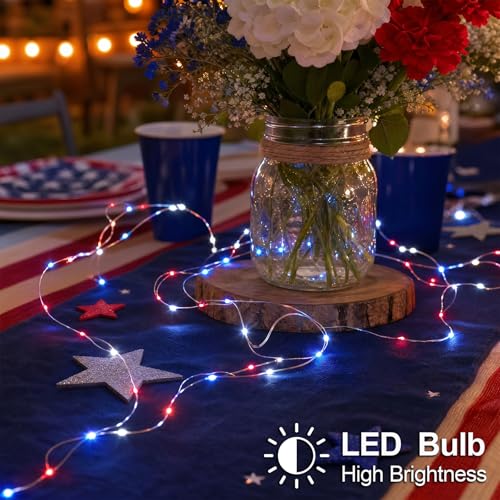 4th of July Patriotic Decorations, Red White Blue Fairy String Lights, Battery Operated with Timer, 2 Pack Total 33FT 100 Led Mini Battery Powered Mason Jar Firefly Lights DIY Party Memorial Day