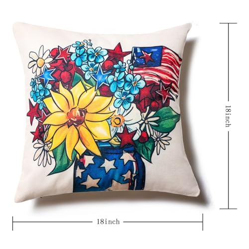 Hongsome 4th of July Decor-Throw Pillow Covers 18x18in Set of 4,Patriotic Linen Pillow Case for Independence Day,Memorial Day,Veteran's Day,USA,American Summer Outdoor Red White Blue Decorations