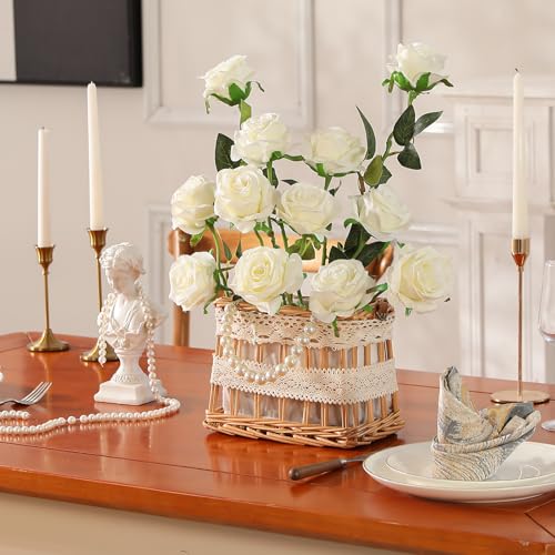 Nubry Artificial Silk Rose Flower Bouquet Lifelike White Fake Rose for Wedding Home Party Decoration Event Gift 10pcs (Off White)