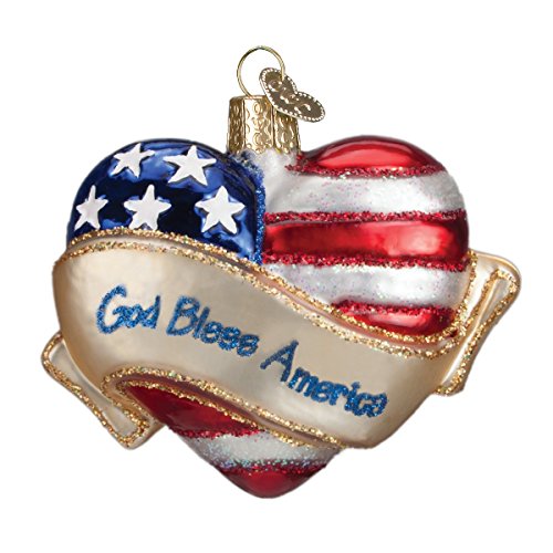 Old World Christmas God Bless America Heart Glass Blown Ornament for Christmas Tree, Handcrafted Holiday Decoration, Heart Collection