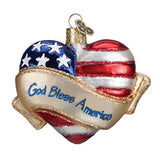 Old World Christmas God Bless America Heart Glass Blown Ornament for Christmas Tree, Handcrafted Holiday Decoration, Heart Collection