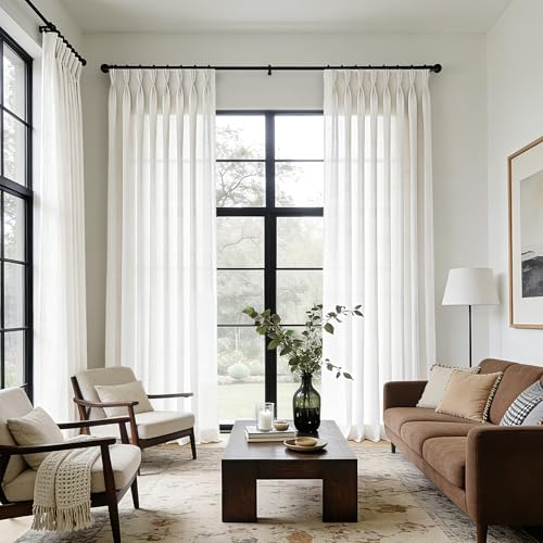 Triple Pinch Pleated 90 inch Long Linen Curtains 2 Panels Set for Living Room Track System Curtains Neutral Modern Farmhouse Light Filtering Semi Sheer Linen Blend Pinch Pleat Drapes 90 Length Cream