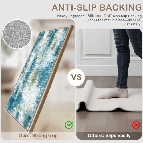 Upgrade Non Slip Kitchen Rugs Sets of 3 Washable Kitchen Mats for Floor Abstract Kitchen Runner Rug Ultra Soft Floor Mat Set Kitchen Carpet Rugs for Hallway, Laundry, Entryway, Office, Teal