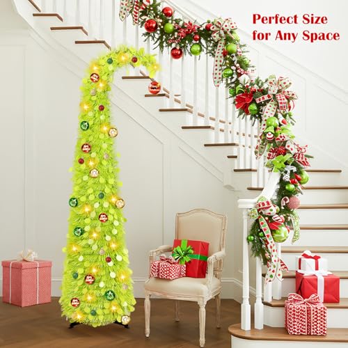 MACTING Whimsical Christmas Tree with Ball String Lights 5FT Green Pop Up Curved Tree with 15 Ball Lights & Hanging Ornaments Collapsible Tinsel Tree for Apartment Porch Indoor Xmas Halloween Decor