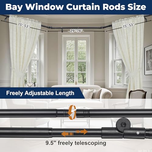Bay Window Curtain Rods 1 Inch Rustproof Metal Corner Curtain Rod for Windows 59-184” Adjustable U Shape Rod - Foldable Corner Solution for Bay/Box/U Shaped Windows (Matte Black)