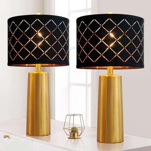 Set of 2 Modern Table Lamps for Living Room Bedroom, Gold Nightstand Resin Lamps with Black Grid Shade, Contemporary Desk Lamps for Bedside End Tables, 2 Bulbs Included (Gold)