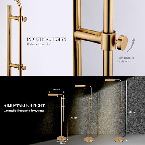 O'Bright Cedric Adjustable Pharmacy Floor Lamp - Industrial Design for Reading, Crafting, Work - 10W LED, Height 45-61 inches - Ideal for Living Room, Bedside, Office - Antique Brass (Gold)