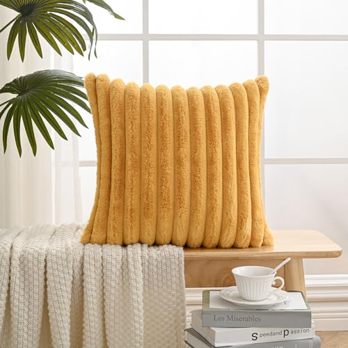 Volcanics Set of 1 Double-Sided Faux Fur Mustard Yellow Pillow Covers 18x18