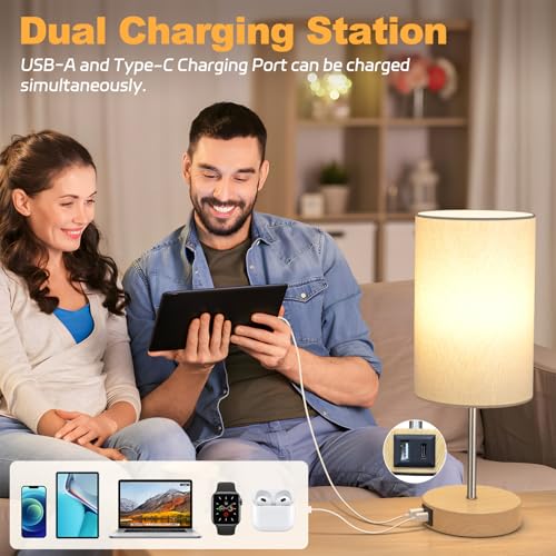 Table Lamp for Bedroom, 3 Way Dimmable Touch Lamp with Dual Charging Station, Small Bedside Lamps for Night Stands, Living Room, Office(LED Bulb Included)