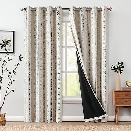 jinchan 95% Blackout Boho Curtains 84 Inches Long for Bedroom Living Room Black on Beige Geometric Printed Grommet Top Room Darkening Thermal Insulated Window Drapes 2 Panels