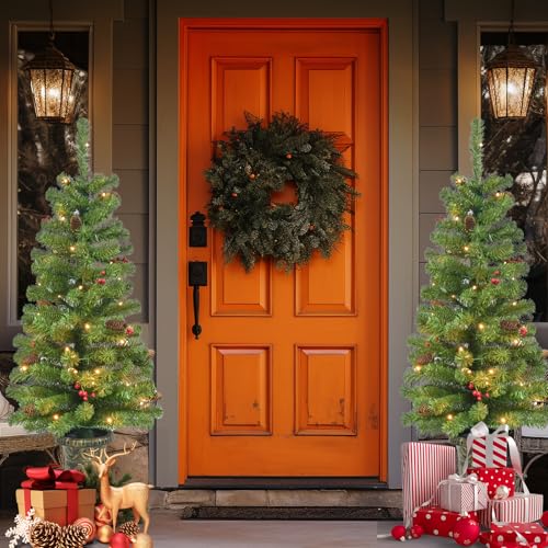 Maylaviu 4FT Artificial Potted Christmas Tree with Lights, Pre-lit Mini Christmas Tree with 50 LED Lights, Small Fake Spruce Tree with 140 Branch Tips, Pine Cones&Red Berries, Battery Operated
