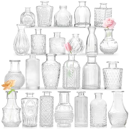 Bud Vases - in Bulk 24,Vintage Small Glass Bud Vases for Flowers, Clear Crystal Mini Glasses in Bulk, Small Flower Design for Centerpieces Wedding Decorations Home Flower Party Decor