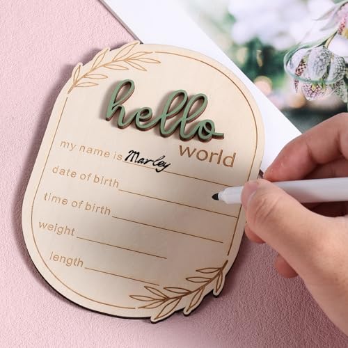 Baby Announcement Sign, 5.91x4.13 Inch Wooden Hello World Baby Name Sign Newborn Announcement Sign Birth Announcement Plaque for Home Hospital Nursery