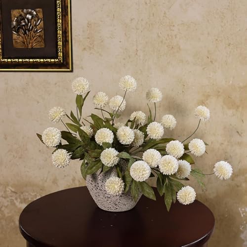 VIERENA 6 Pcs Faux Silk Pompon Mum Artificial Flowers for Vase -27", Bulk Fake Chrysanth Branches with Stems for DIY Bouquet Centerpieces Wedding Fillers Arrangements Shower Decorations (Cream)
