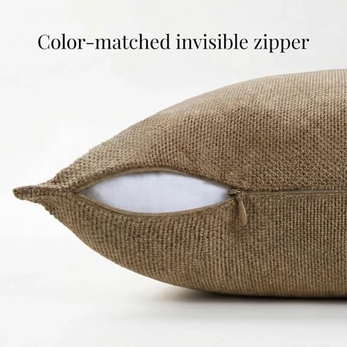 Fancy Homi Set of 2 Brown 20x20 Inch Soft Chenille Decorative Throw Pillow Covers with Flange Edge, Square Neutral Modern Boho Textured Cushion Case Home Decor for Couch Sofa Bed Living Room
