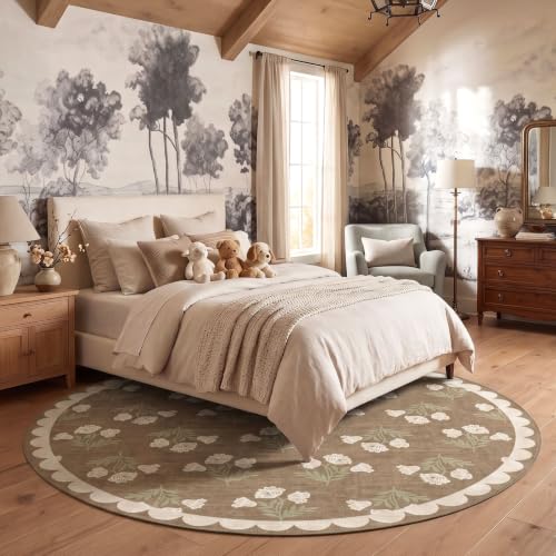 Tan 7ft Round Area Rug for Living Room - Washable Floral Circle Rug