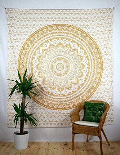 ANJANIYA Ombre Wall Hanging Bohemian Tapestry, Metallic Wall Art Bedspread, Psychedelic Hippie Mandala Dorm Décor for Hanging, Bedding, Beach Coverlet Curtain, Gold, 54"X60"