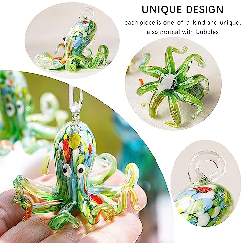 2'' Art Glass Octopus Coastal Hanging Ornament Blown Glass Sea Animal Pendant Collection for Christmas Tree & Beach Holiday Decoration
