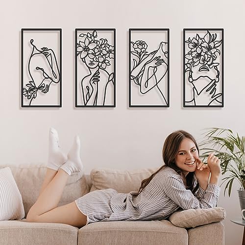 Bakovity Black Metal Wall Decor, Abstract Woman Wall Art, Minimalist Line Decor, Modern Aesthetic Metal Wall Art for Bedroom Bathroom Living Room (4 Pcs, 17 x 9 in)