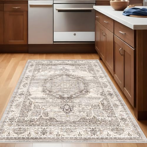Washable Area Rugs 3x5 Entryway: Soft Low Pile Mat Machine Washable Indoor Doormat Lightweight Entry Rug Anti Slip Backing Rugs for Living Room Bedroom Kitchen Bathroom 3'x5' Beige