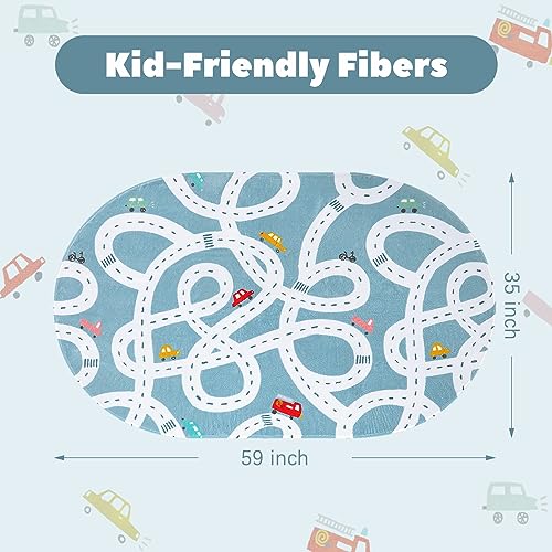 LIVEBOX Large Washable Kids Rug, 4'x6' Non-Slip Car Road Rug for Playroom, Fun Kids Room Rugs for Bedroom, Blue Road Carpet Indoor Kid Play Mat for Toy Toddler Room Classroom
