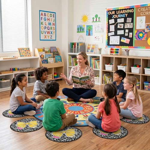 6 Pcs Pencil Bow Carpet Circle Seats for Classroom Decorations 17 Inch Pencil Bow Composition Notebook Rug Bulk Non Slip Floor Cushion Mat for Preschool Kindergarten Daycare Reading Corner