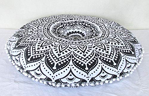 CRAFT KALA 32" in Round Mandala Floor Pillow Cushion Cover Seating Throw Cover Hippie Decorative Bohemian Ottoman Poufs Pillow Cover Cases Boho Cotton Living Yoga Home Décor Room (Grey Ombre)
