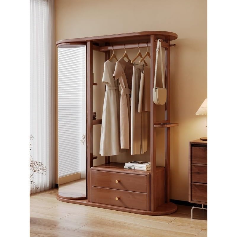 Full-Length Mirror Floor-Standing Coat Rack, Dressing Mirror Combination, Rotatable Storage Rack, Bedroom Fitting Mirror with Drawer Full Length Floor Mirror (D)